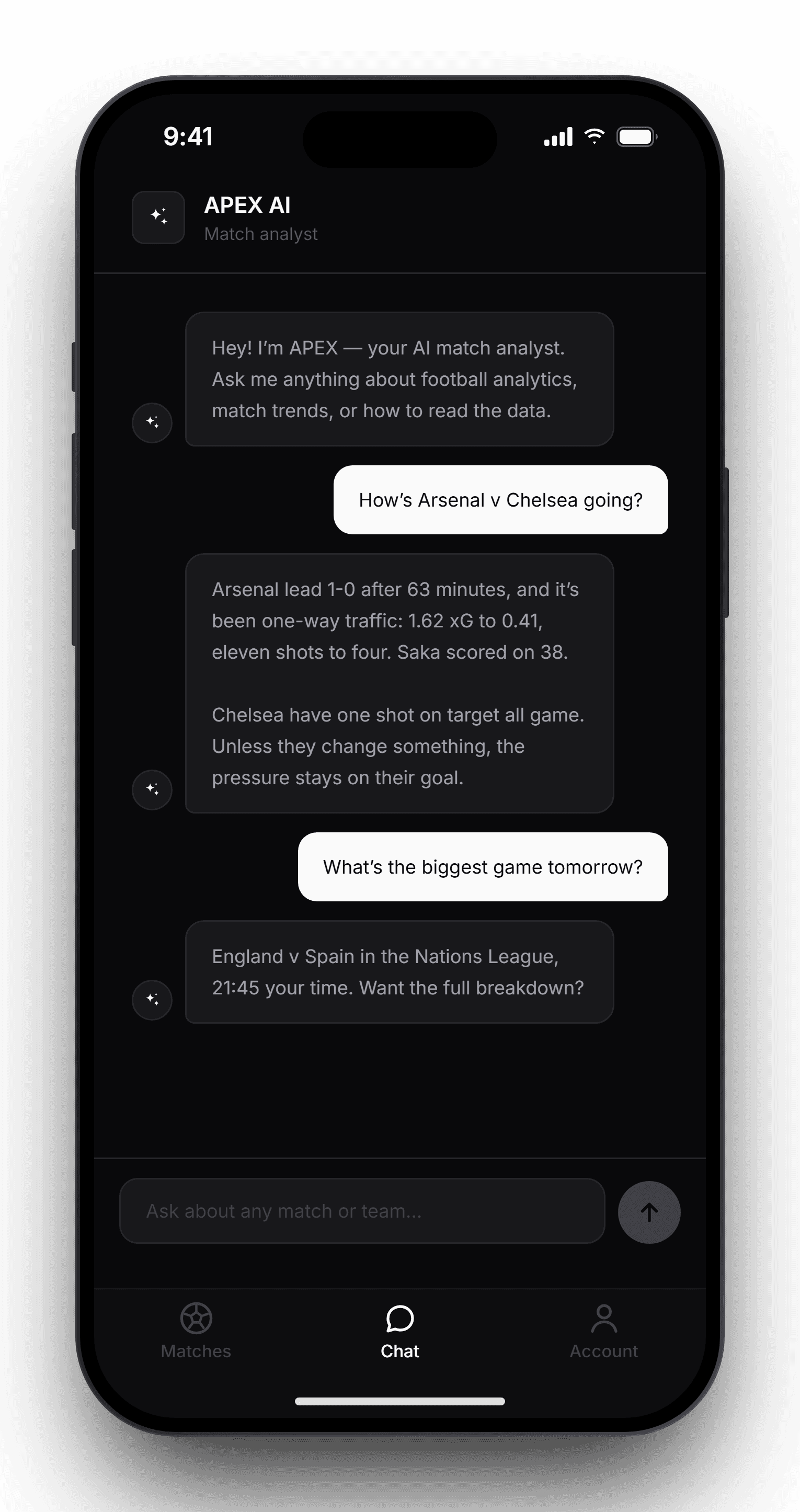 APEX AI chat answering with live match data