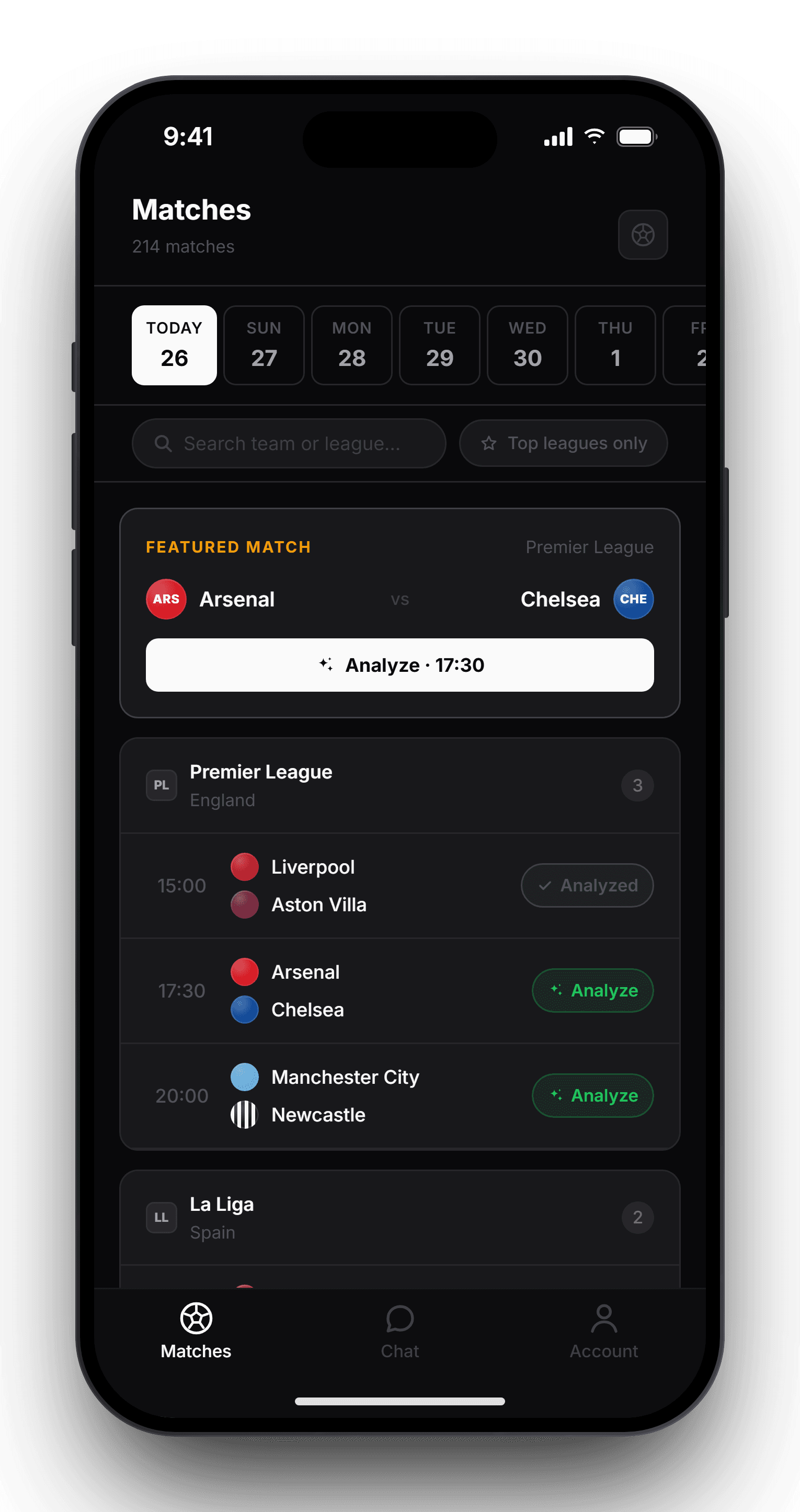 APEX fixtures screen: a seven-day strip and the day's games, biggest first